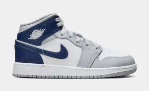 Air Jordan 1 Retro Mid Grade School Lifestyle Shoes (White/Wolf Grey/Midnight Navy)