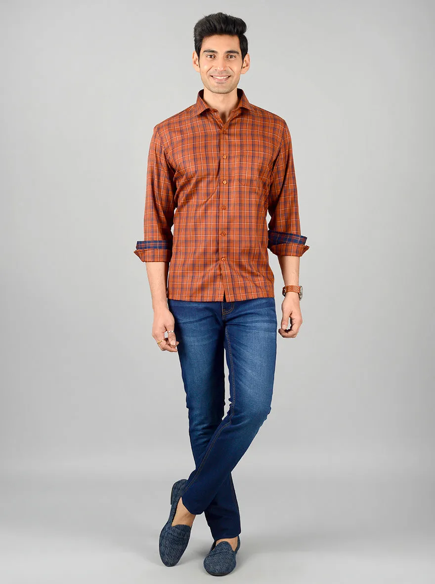 Brown & Blue Checked Regular Fit Formal Shirt | Greenfibre