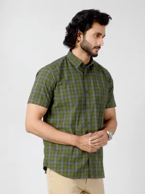 Dark Green Checked Slim Fit Casual Shirt | JadeBlue