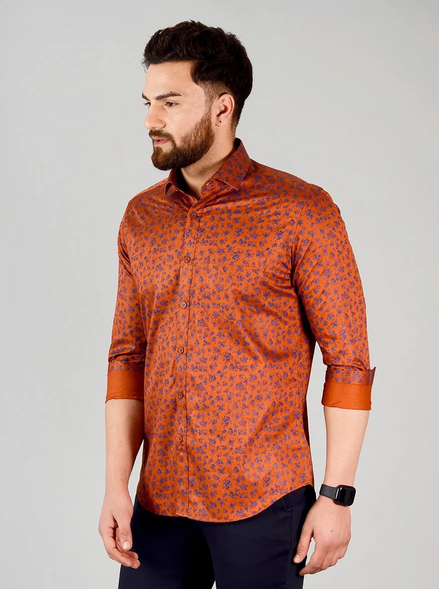 Dark Rust & Blue Printed Slim Fit Formal Shirt | JadeBlue