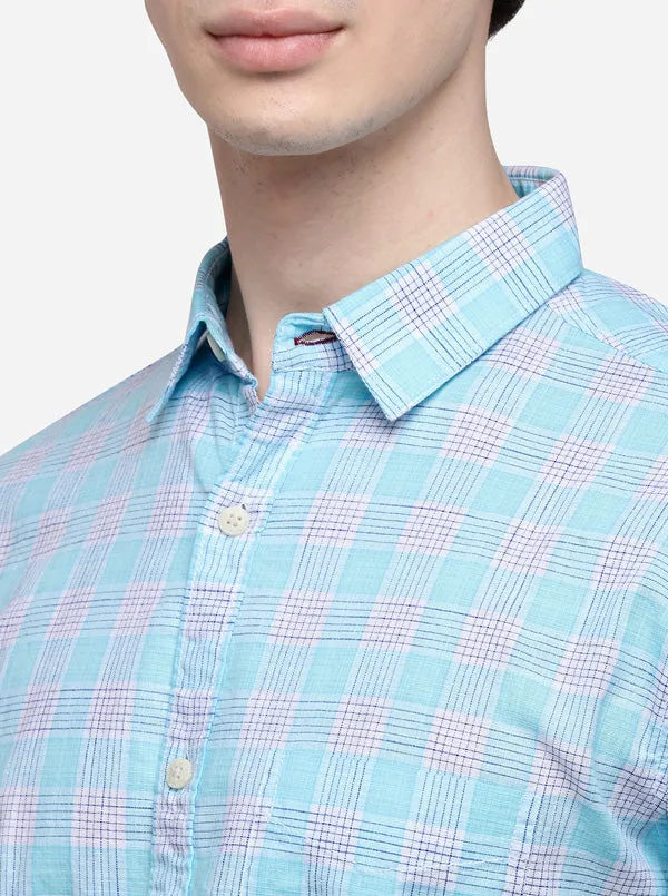 Light Blue Slim Fit Checked Casual Shirt | JadeBlue