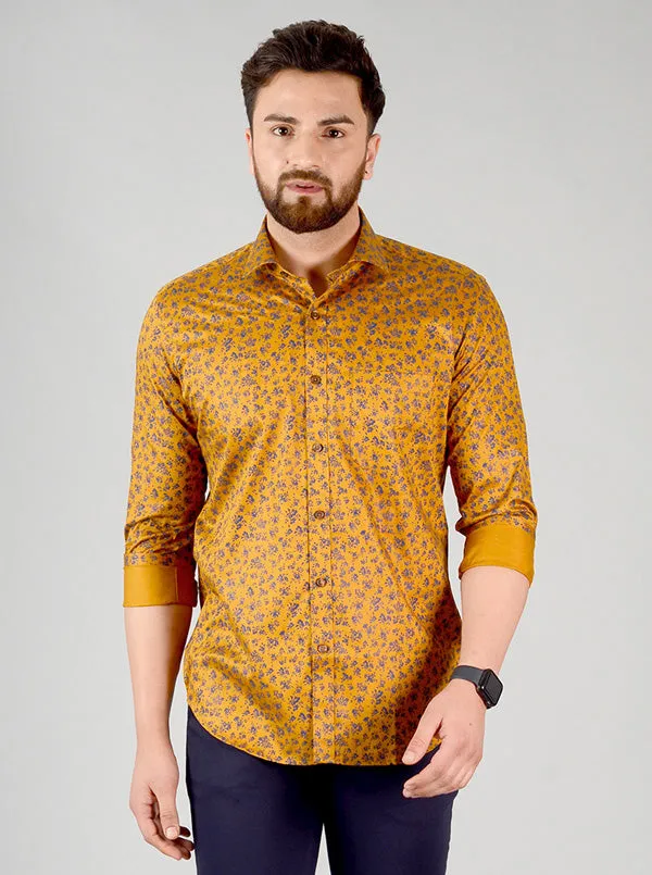 Mustard Yellow & Blue Printed Slim Fit Formal Shirt | JadeBlue