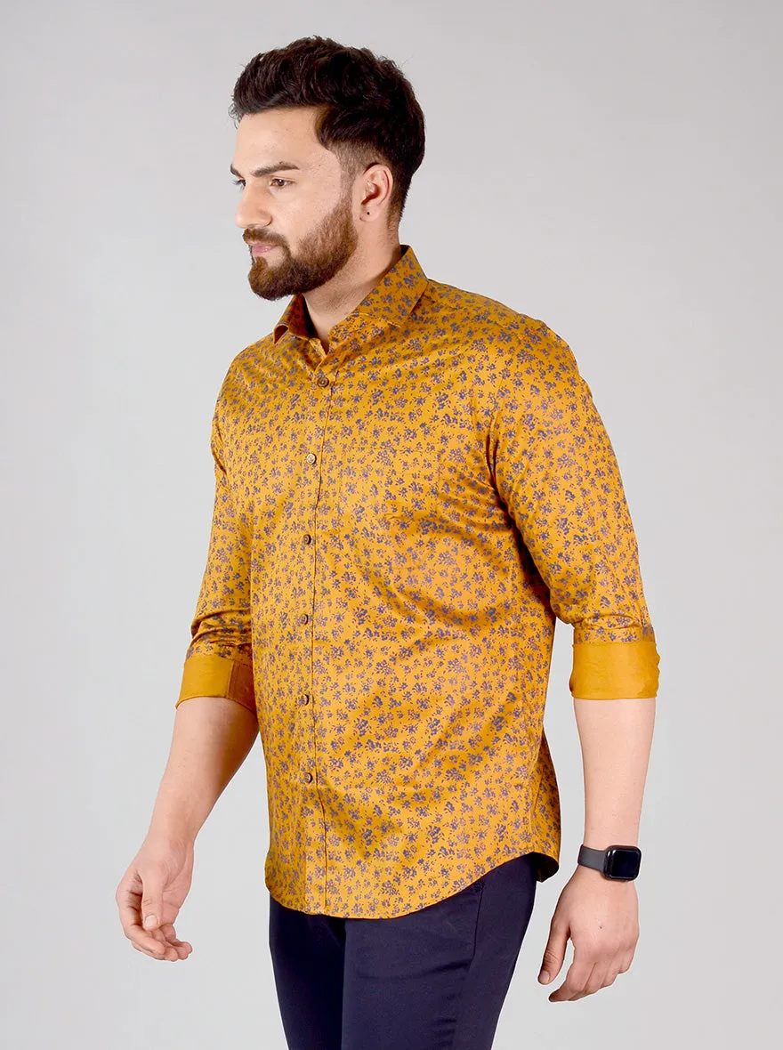 Mustard Yellow & Blue Printed Slim Fit Formal Shirt | JadeBlue