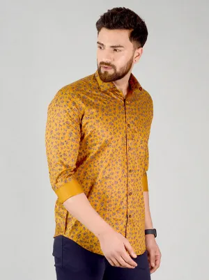 Mustard Yellow & Blue Printed Slim Fit Formal Shirt | JadeBlue