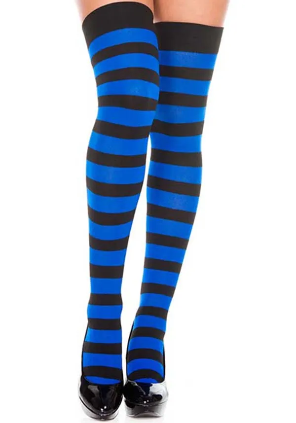 Opaque Wide Stripe [Black/Royal Blue] | THIGH HIGH