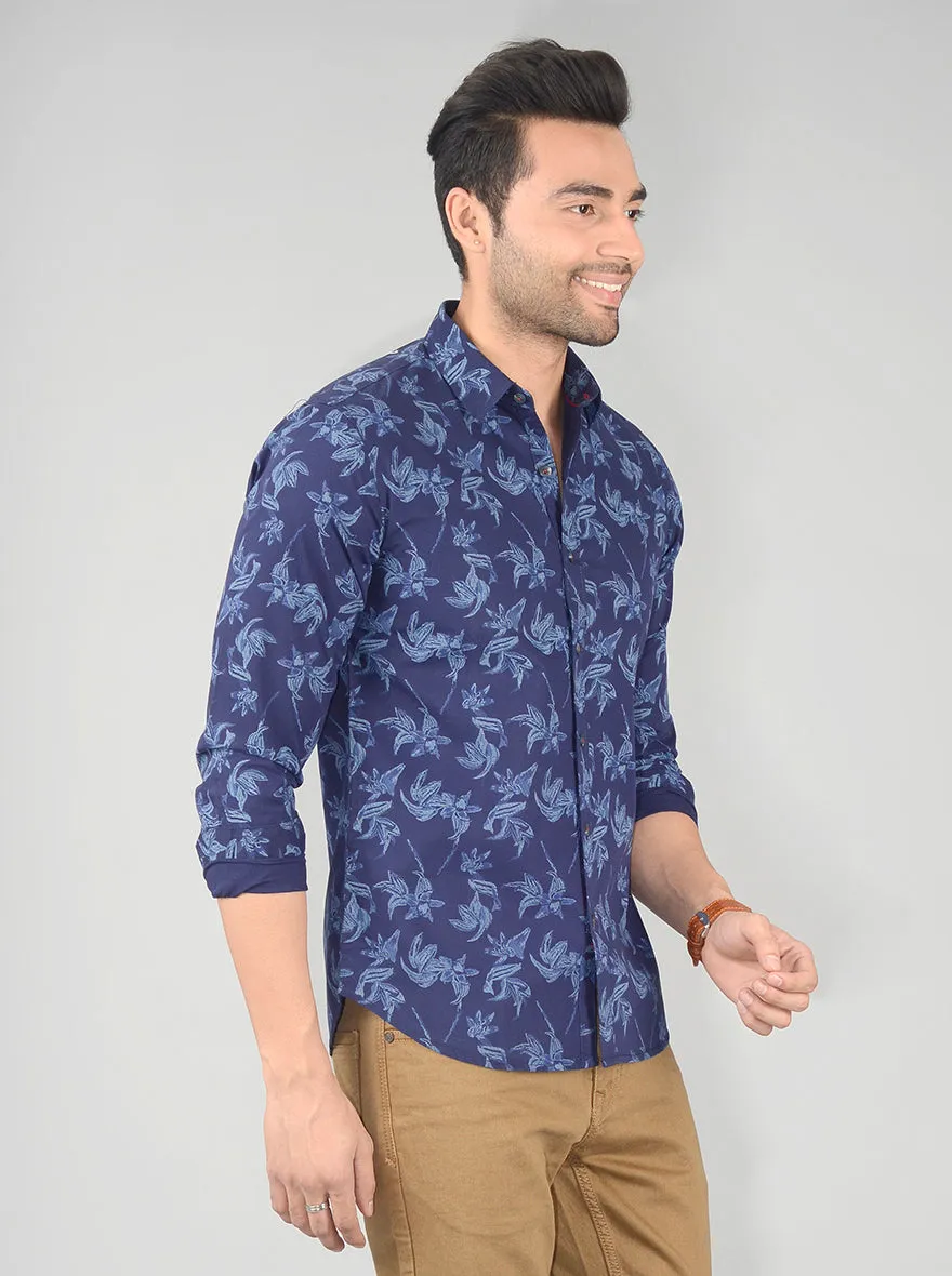 Peacoat Blue Printed Slim Fit Casual Shirt | Greenfibre