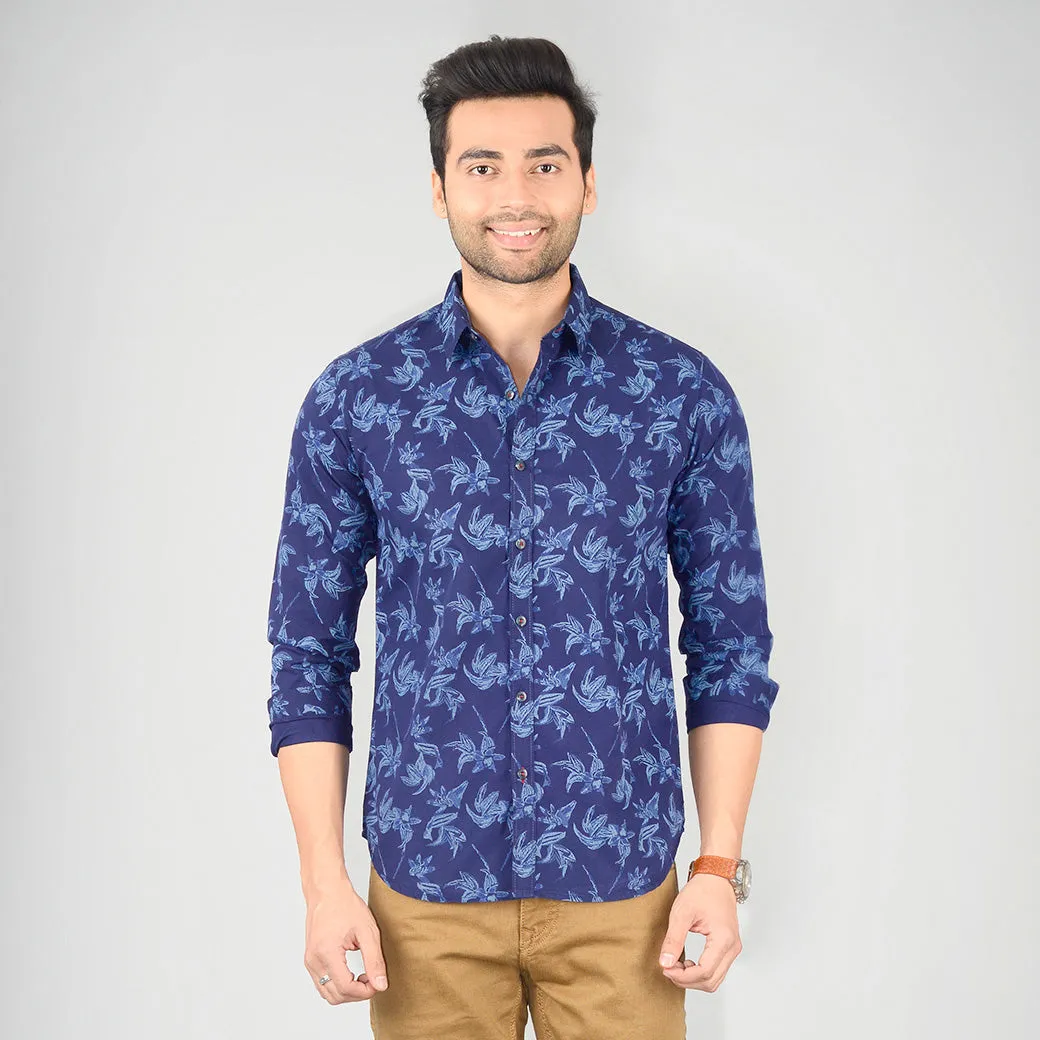 Peacoat Blue Printed Slim Fit Casual Shirt | Greenfibre