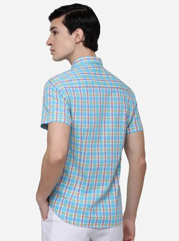 Sky Blue Slim Fit Checked Casual Shirt | Greenfibre