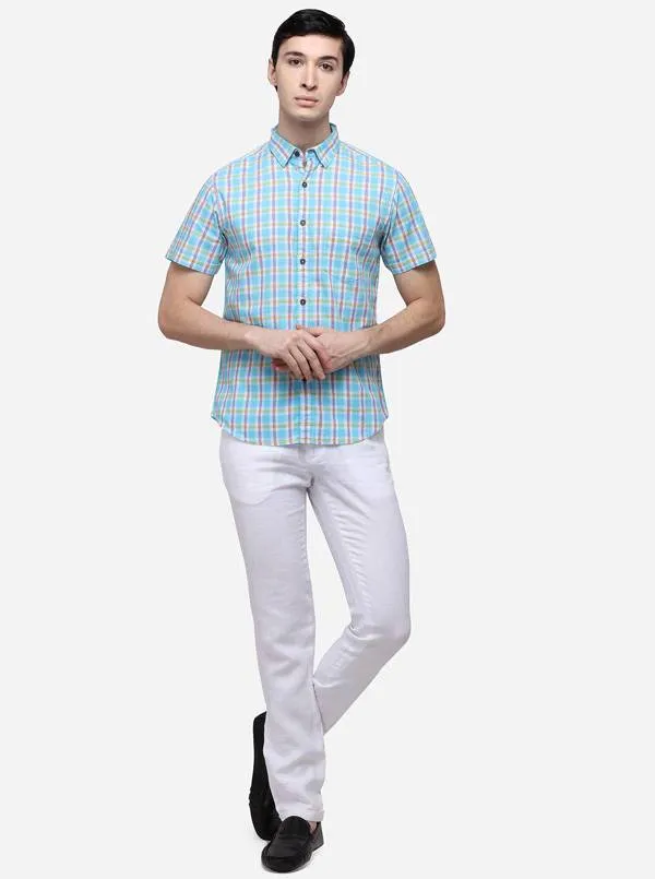 Sky Blue Slim Fit Checked Casual Shirt | Greenfibre