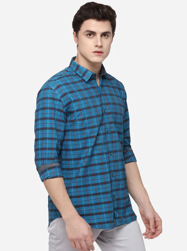 Sky Blue Smart Fit Checked Casual Shirt | Greenfibre