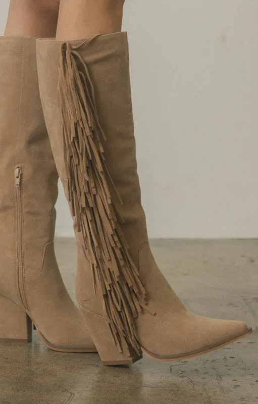 TEEK - Out West - Khaki Knee-High Fringe Boots