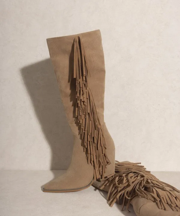 TEEK - Out West - Khaki Knee-High Fringe Boots