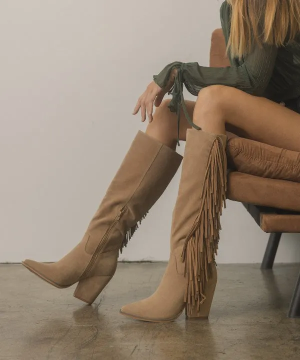 TEEK - Out West - Khaki Knee-High Fringe Boots