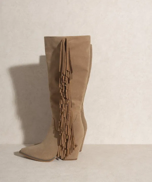 TEEK - Out West - Khaki Knee-High Fringe Boots