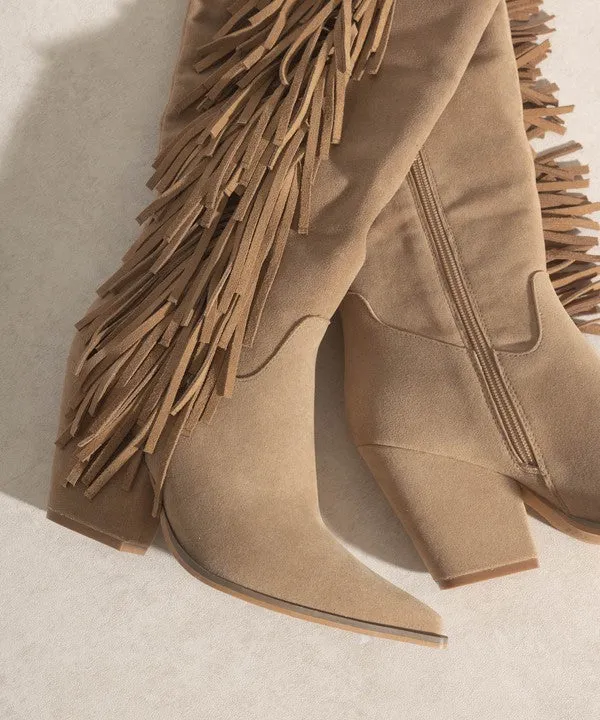 TEEK - Out West - Khaki Knee-High Fringe Boots