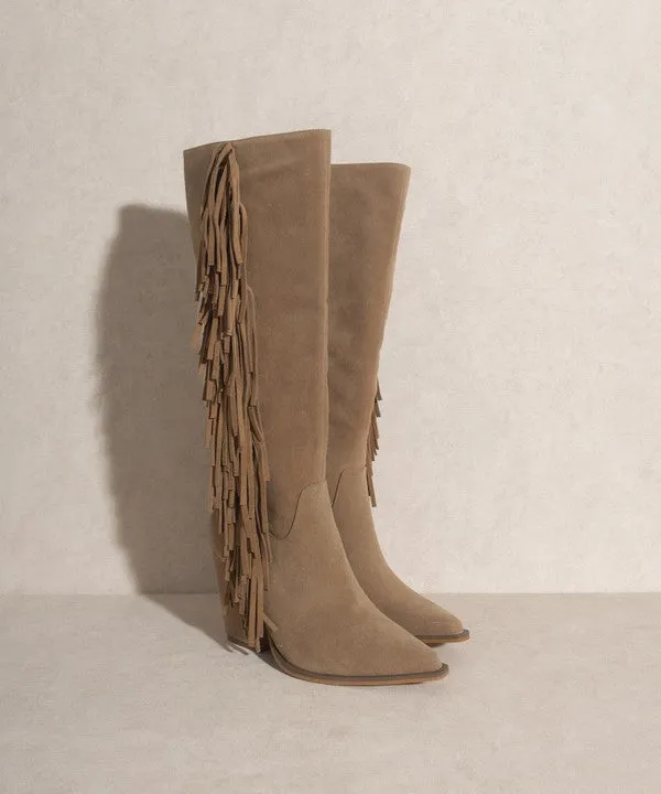 TEEK - Out West - Khaki Knee-High Fringe Boots