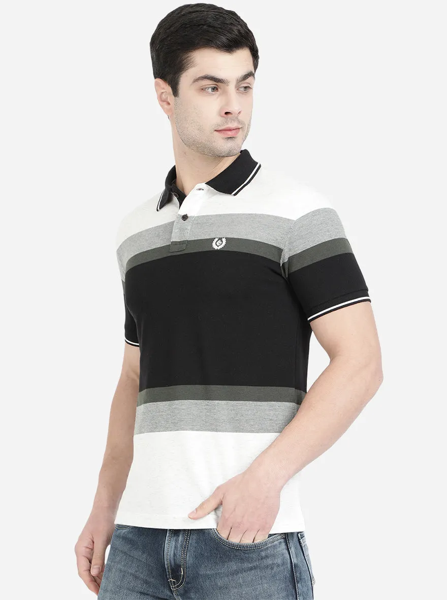 White & Black Striped Slim Fit Polo T-Shirt | Greenfibre