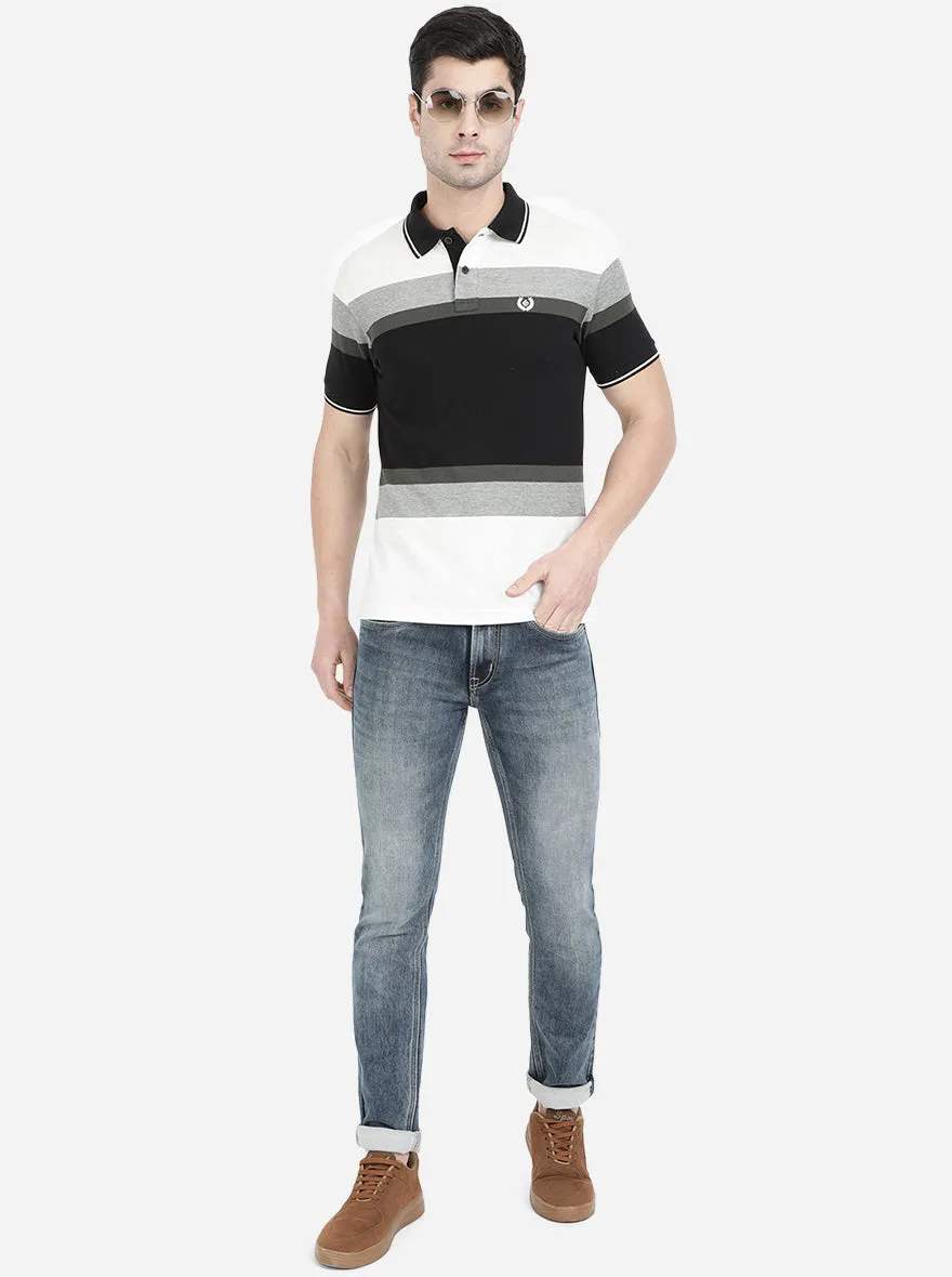 White & Black Striped Slim Fit Polo T-Shirt | Greenfibre