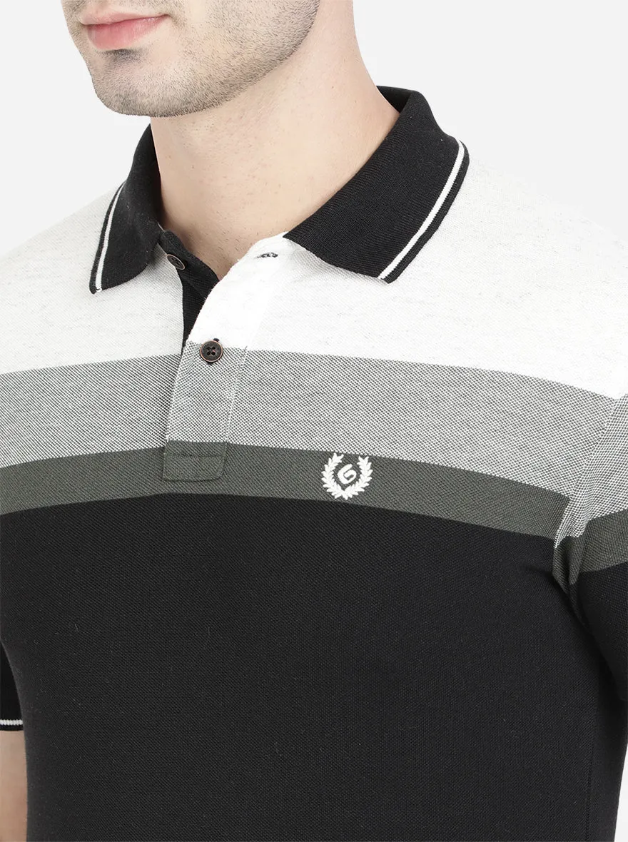 White & Black Striped Slim Fit Polo T-Shirt | Greenfibre