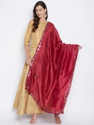 Women Maroon Mirror Work Silk Dupatta