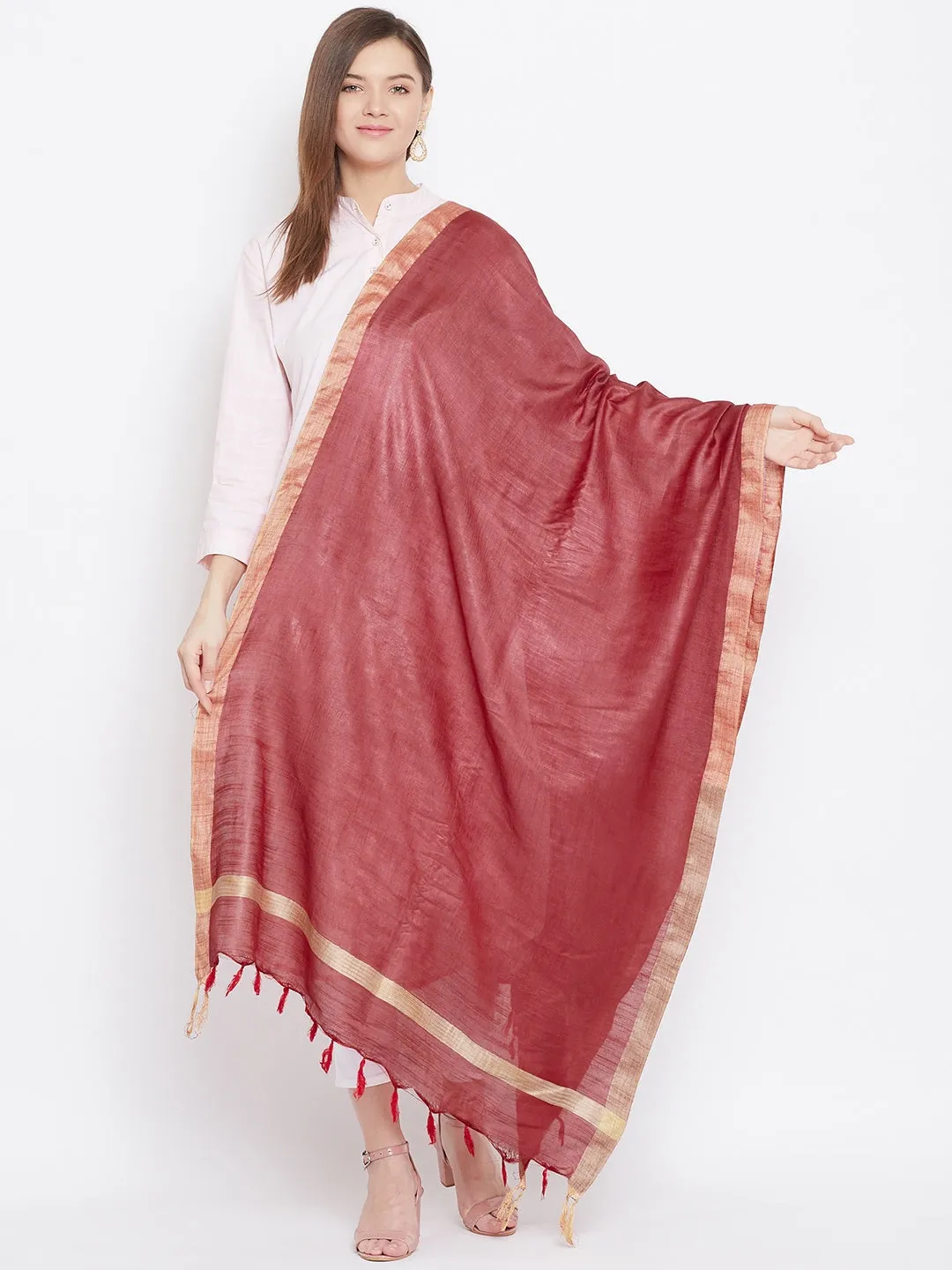 Women Maroon Solid Cotton Tussar Dupatta