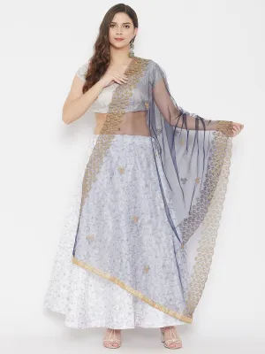 Women Navy Blue Embroidered Net Dupatta With Sequinned