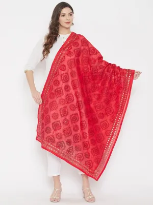 Women Red Chanderi Silk Embroidered Dupatta