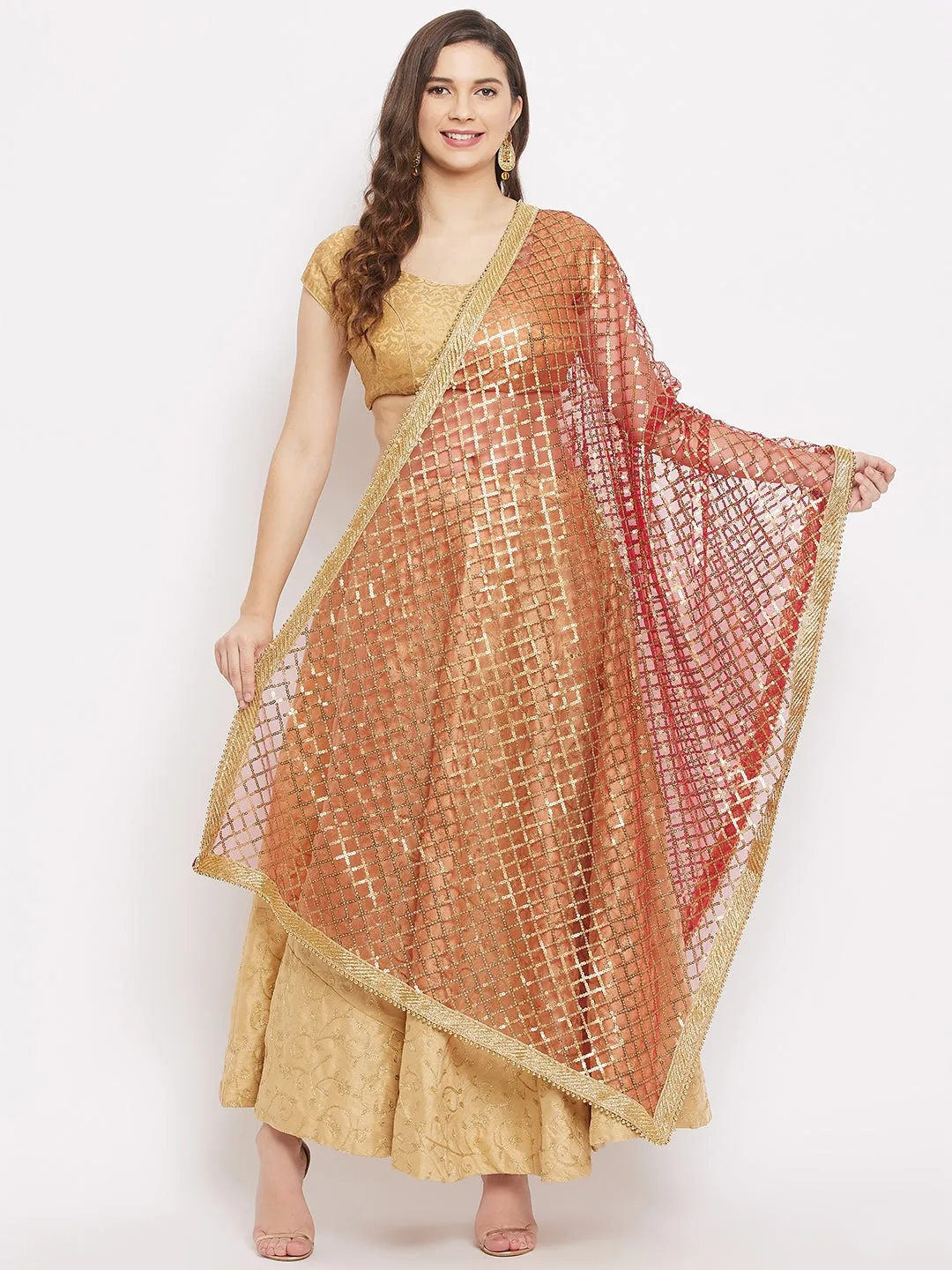 Women Red Embellished Sequined Net Dupatta