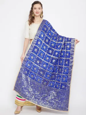 Women Royal Blue Woven Design Banarasi Bandhej Dupatta