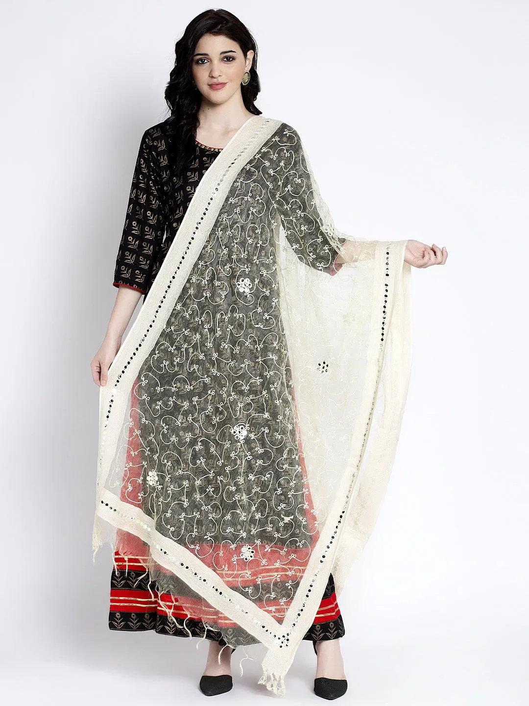 Women'S Cream Embroidered Dupatta